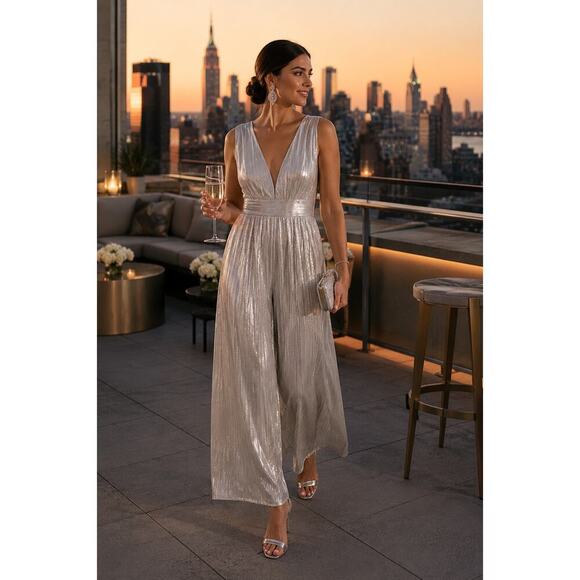 Lulus Pants - Lulus NWT Silver Metallic Jumpsuit XL Wide Leg Plunge Party Wedding Guest